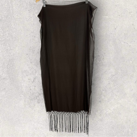 Brown Beaded Fringe Sheer Rectangular Scarf Bohemian Tassel 20" x 36" Wrap Skirt - Picture 6 of 15